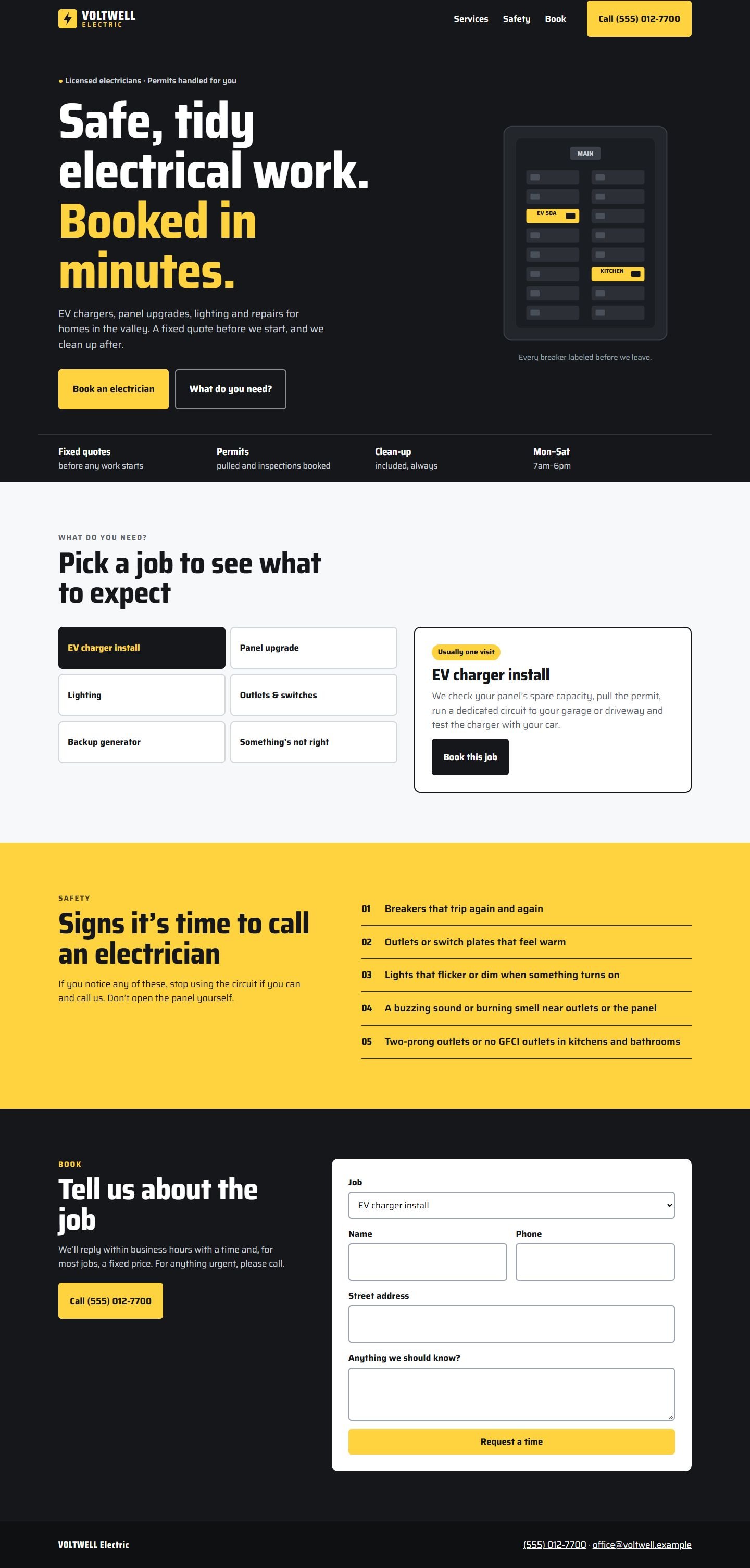 The full Voltwell homepage on desktop, with the job selector, safety warning signs and booking form.