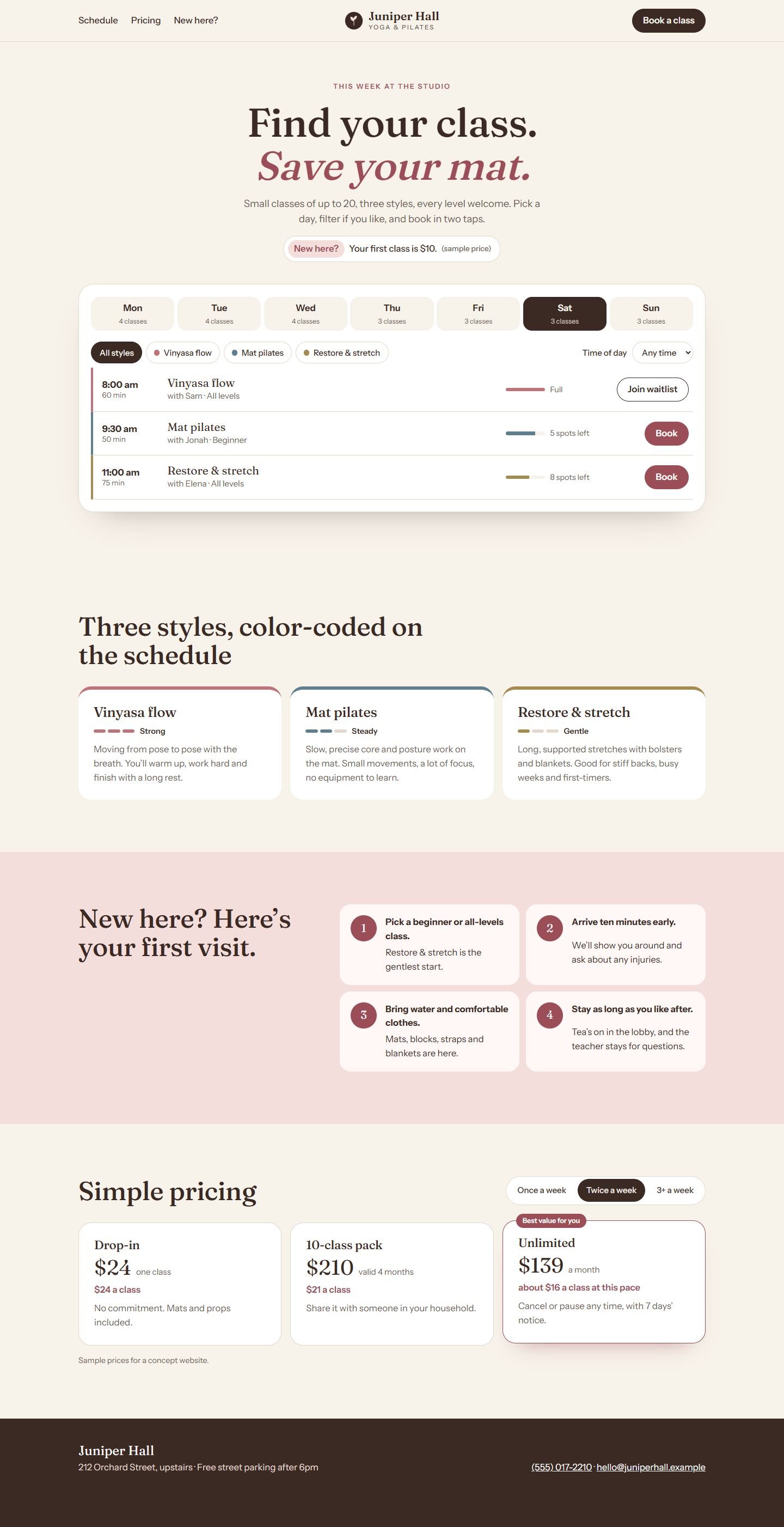 The full Juniper Hall homepage on desktop, with the schedule, class styles, first-visit steps and pricing.