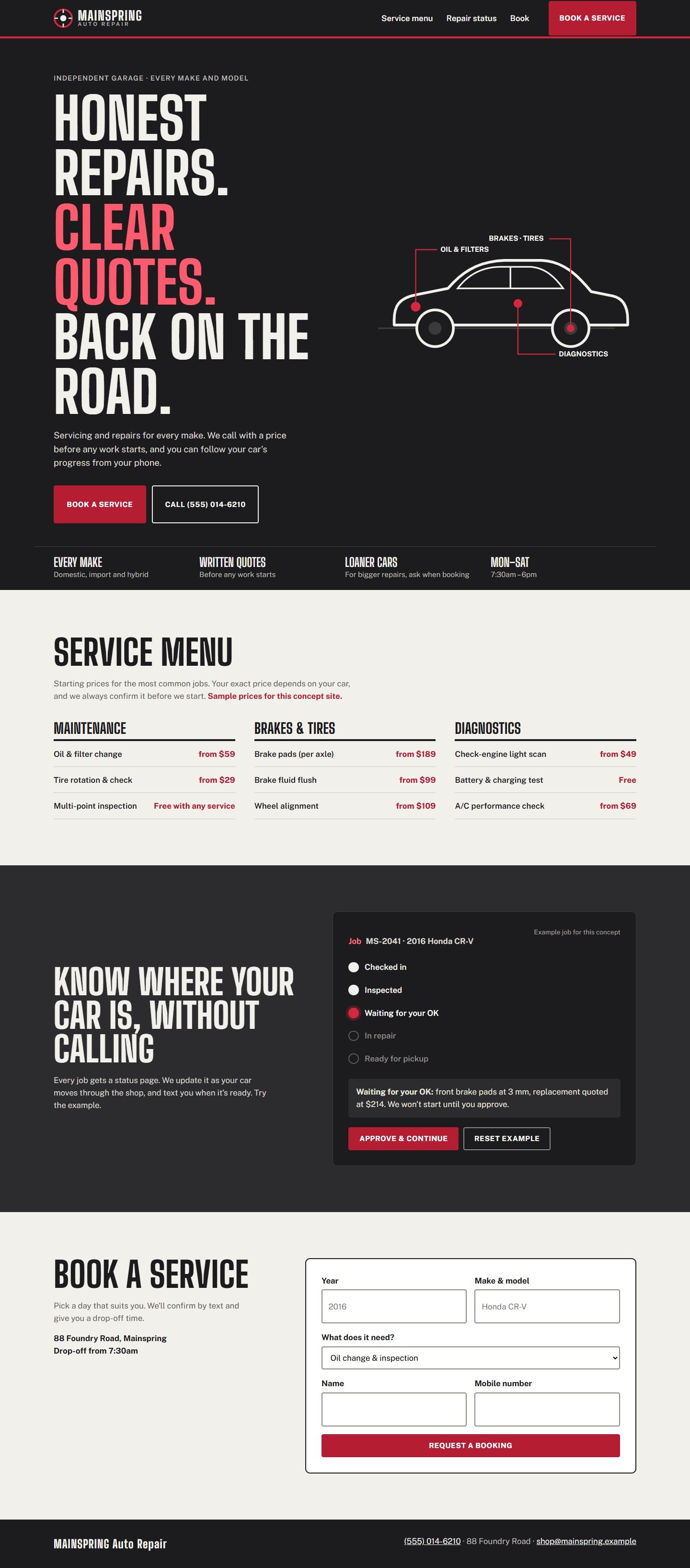 The full Mainspring homepage on desktop, with the service menu, repair status tracker and booking form.
