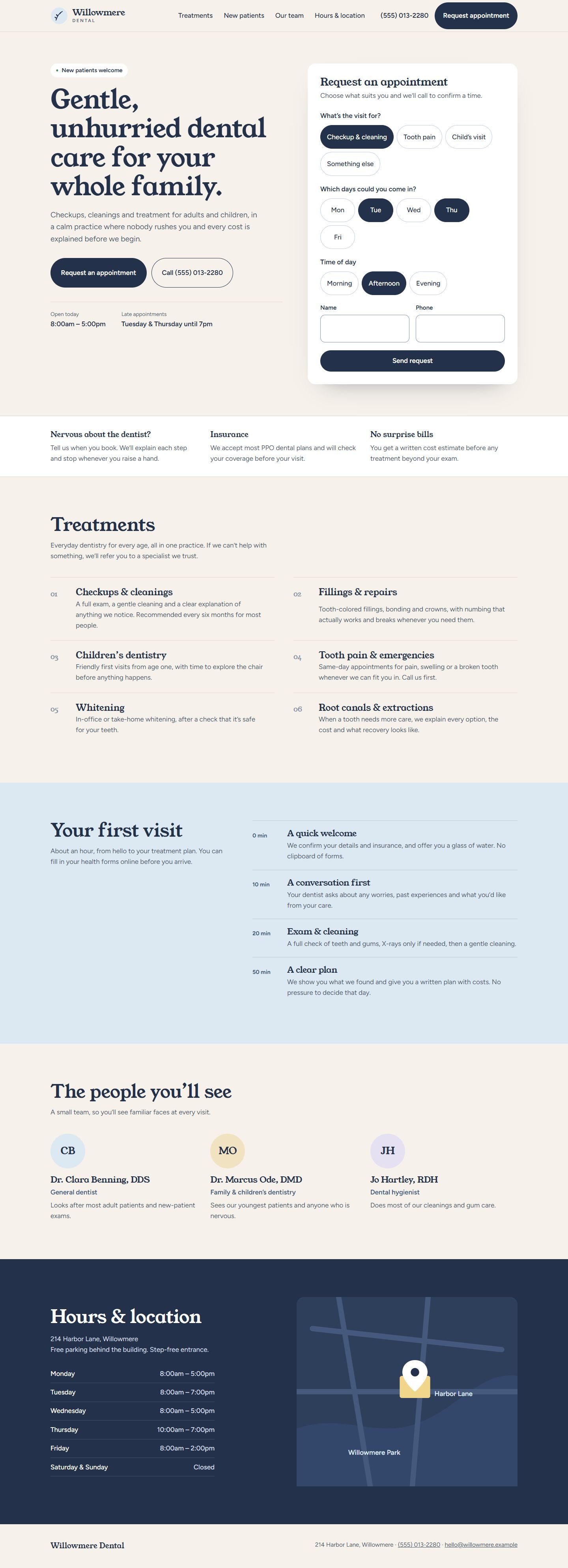 The full Willowmere Dental homepage on desktop, with treatments, the first-visit timeline, the team and opening hours.