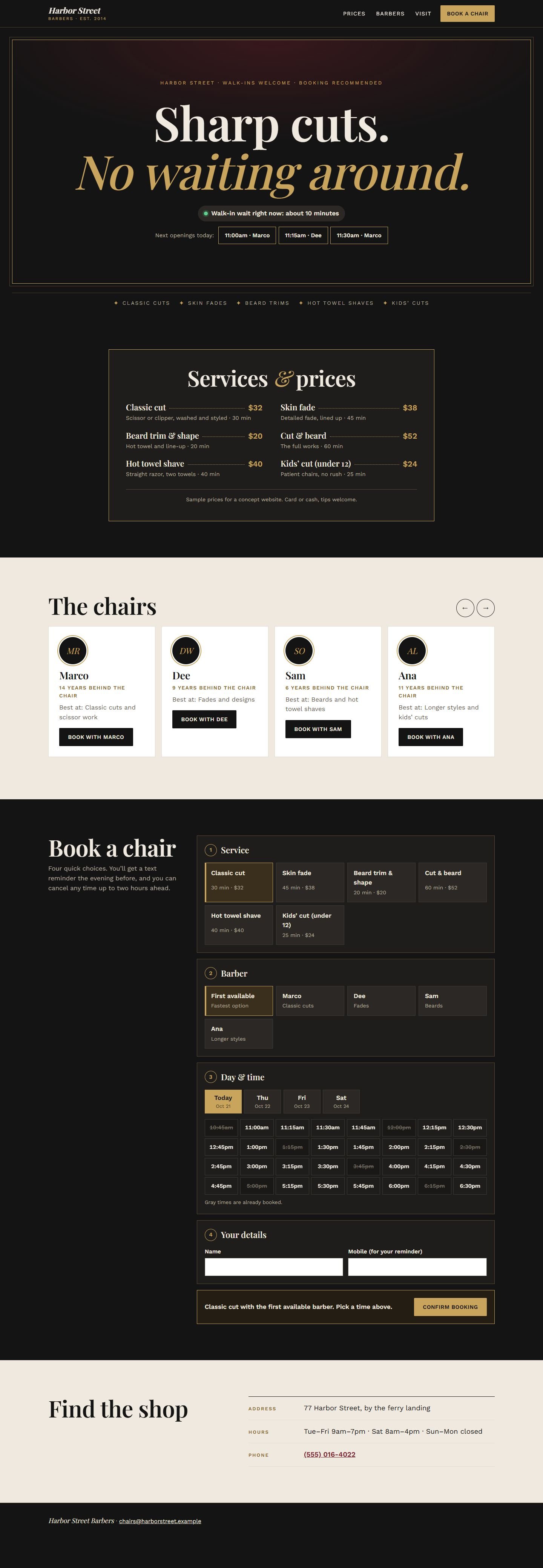 The full Harbor Street homepage on desktop, with the poster hero, price board, barbers, booking flow and shop details.