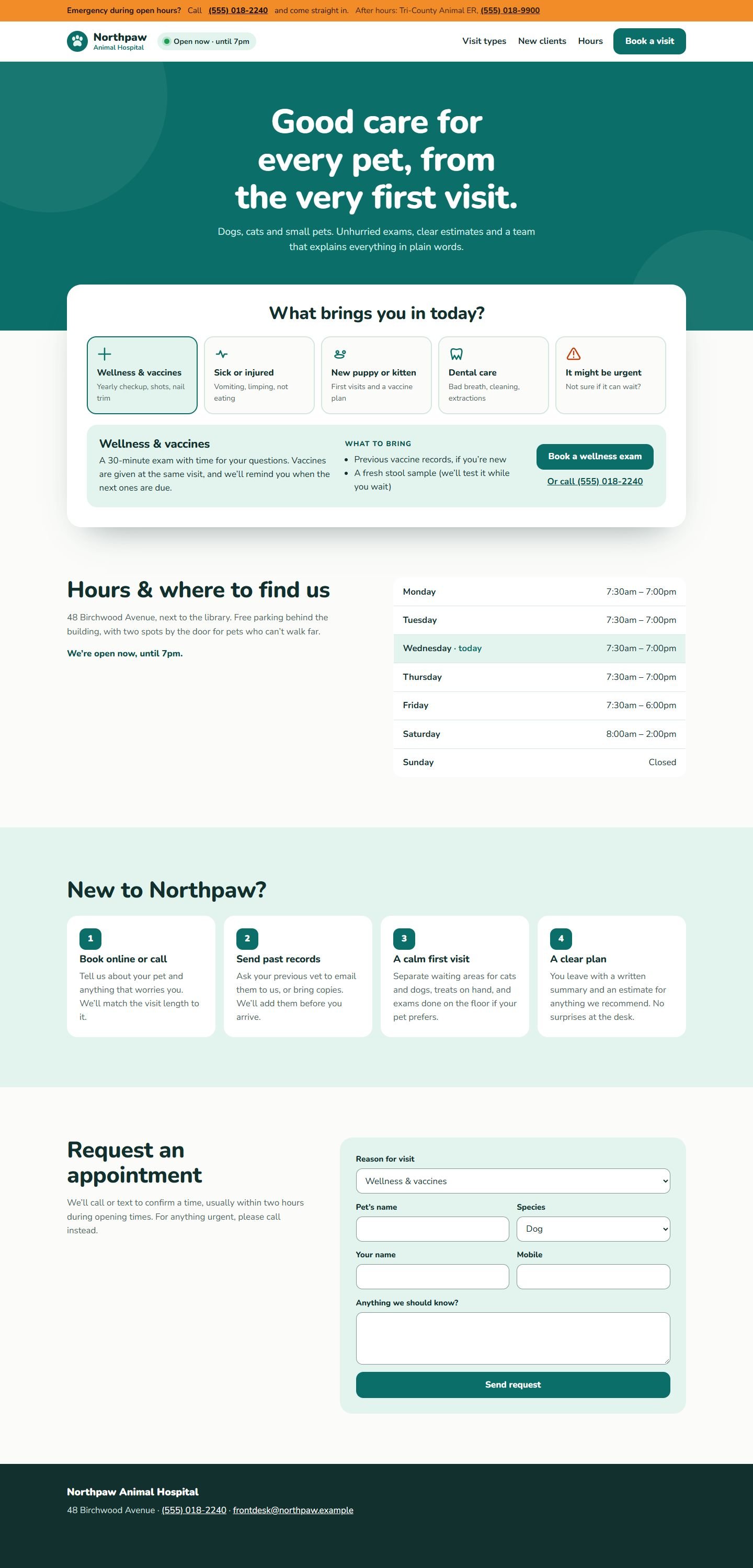 The full Northpaw homepage on desktop, with the visit chooser, hours table, new-client steps and appointment form.
