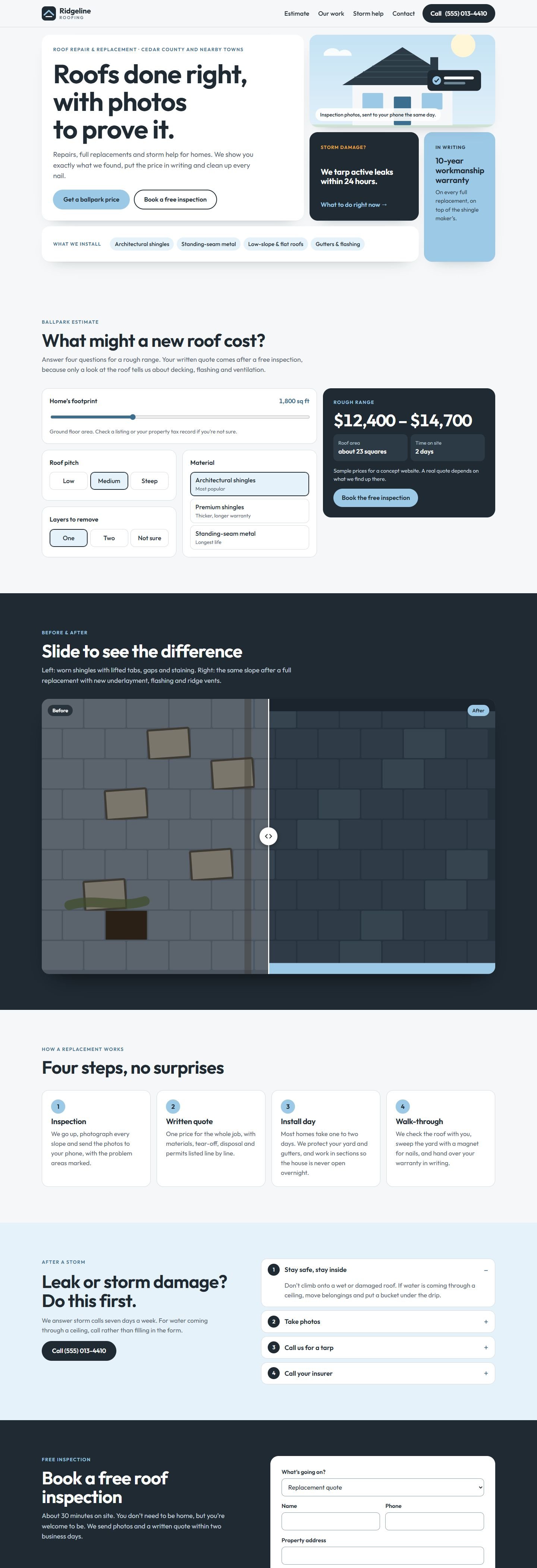 The full Ridgeline homepage on desktop, with the tile hero, estimator, before-and-after slider, process steps, storm checklist and inspection form.