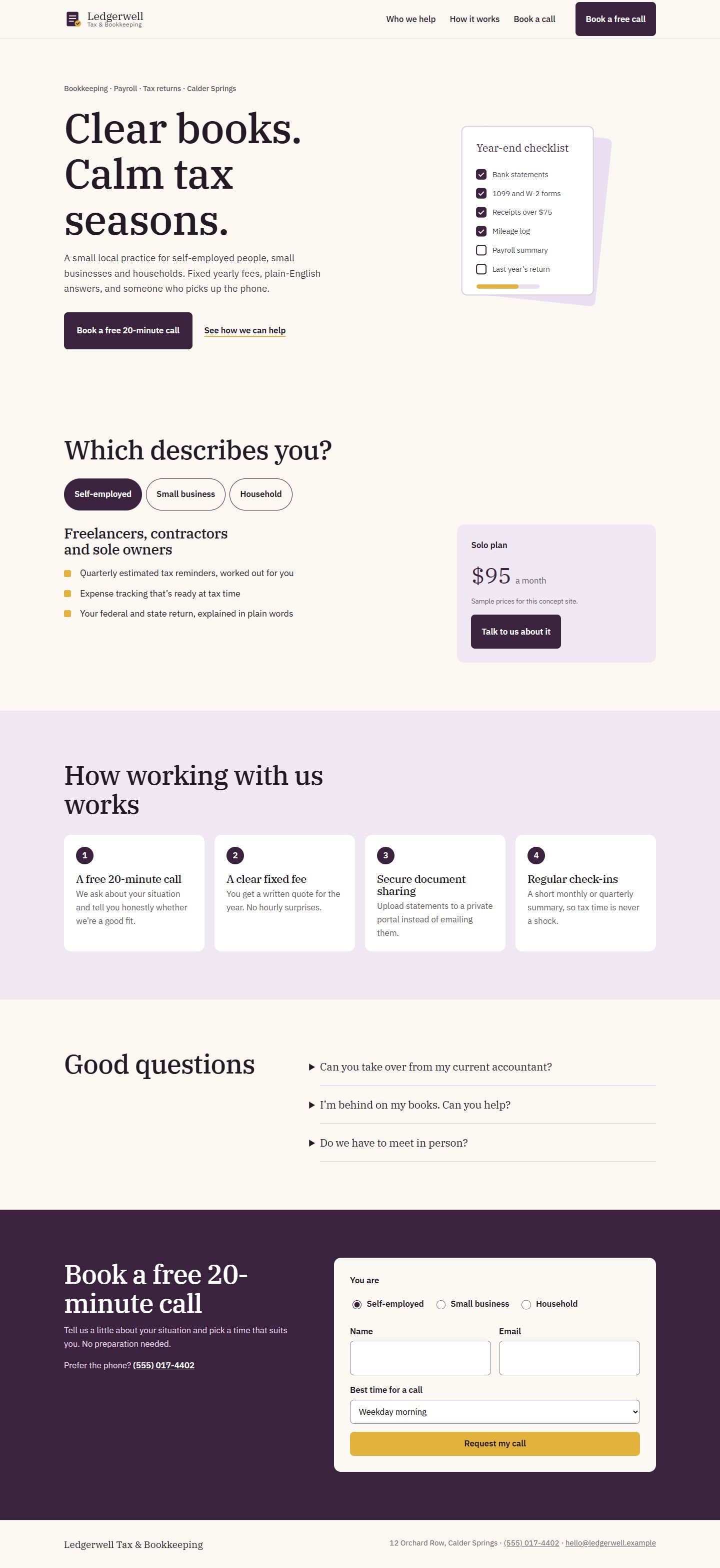 The full Ledgerwell homepage on desktop, with the client-type switcher, plan card, process steps, questions and call form.