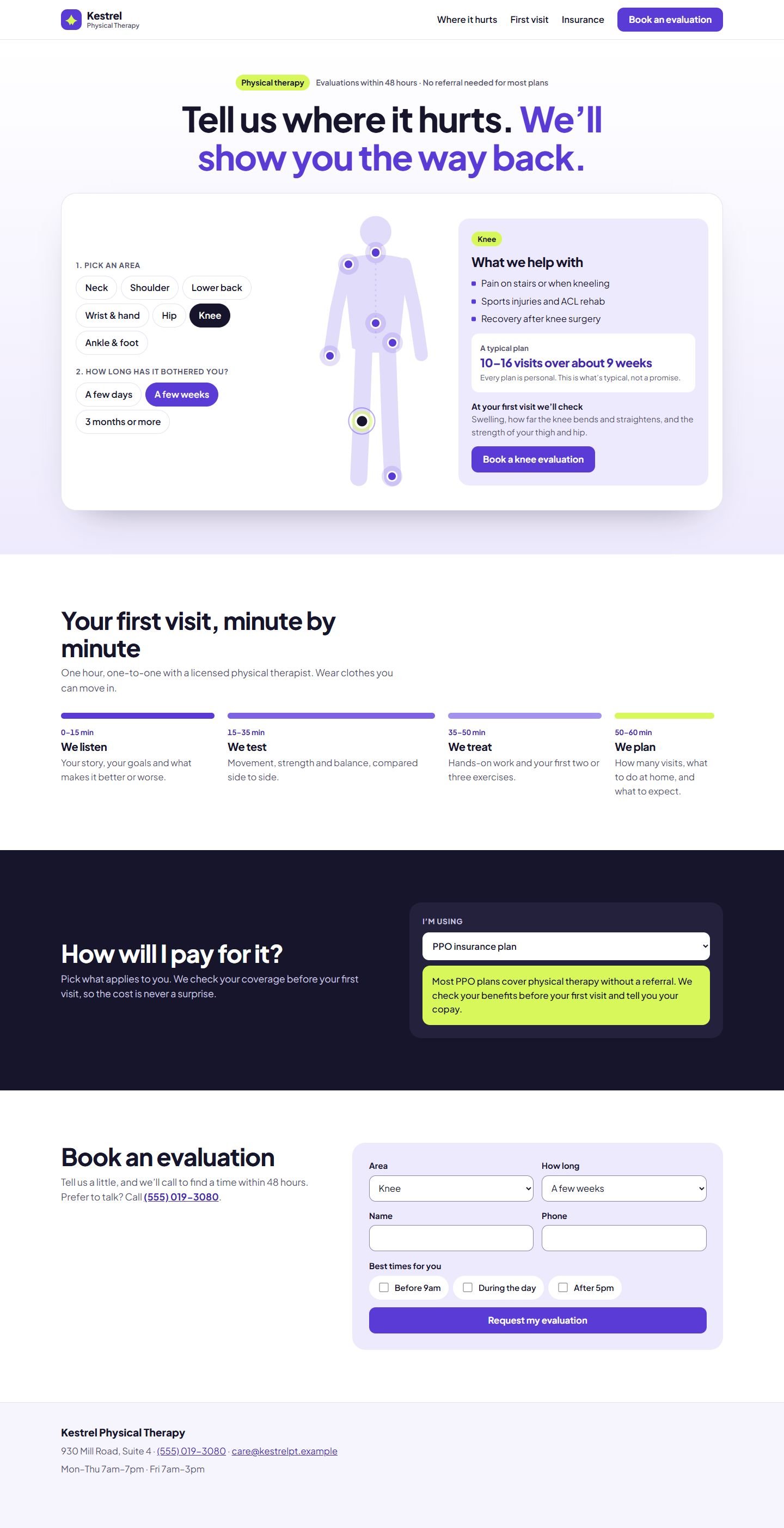 The full Kestrel homepage on desktop, with the body map, first-visit timeline, coverage helper and booking form.