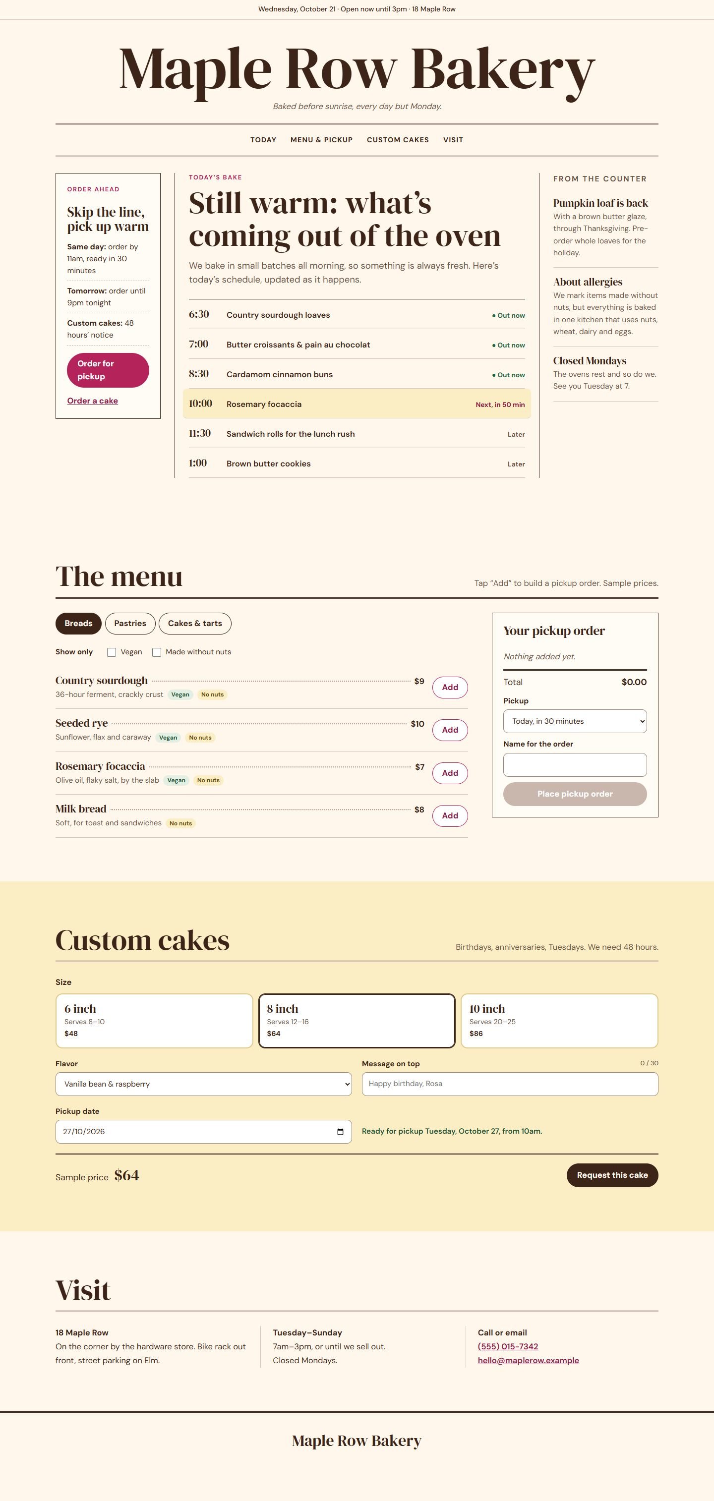 The full Maple Row homepage on desktop, with the front page, menu and pickup basket, custom cake form and visit details.