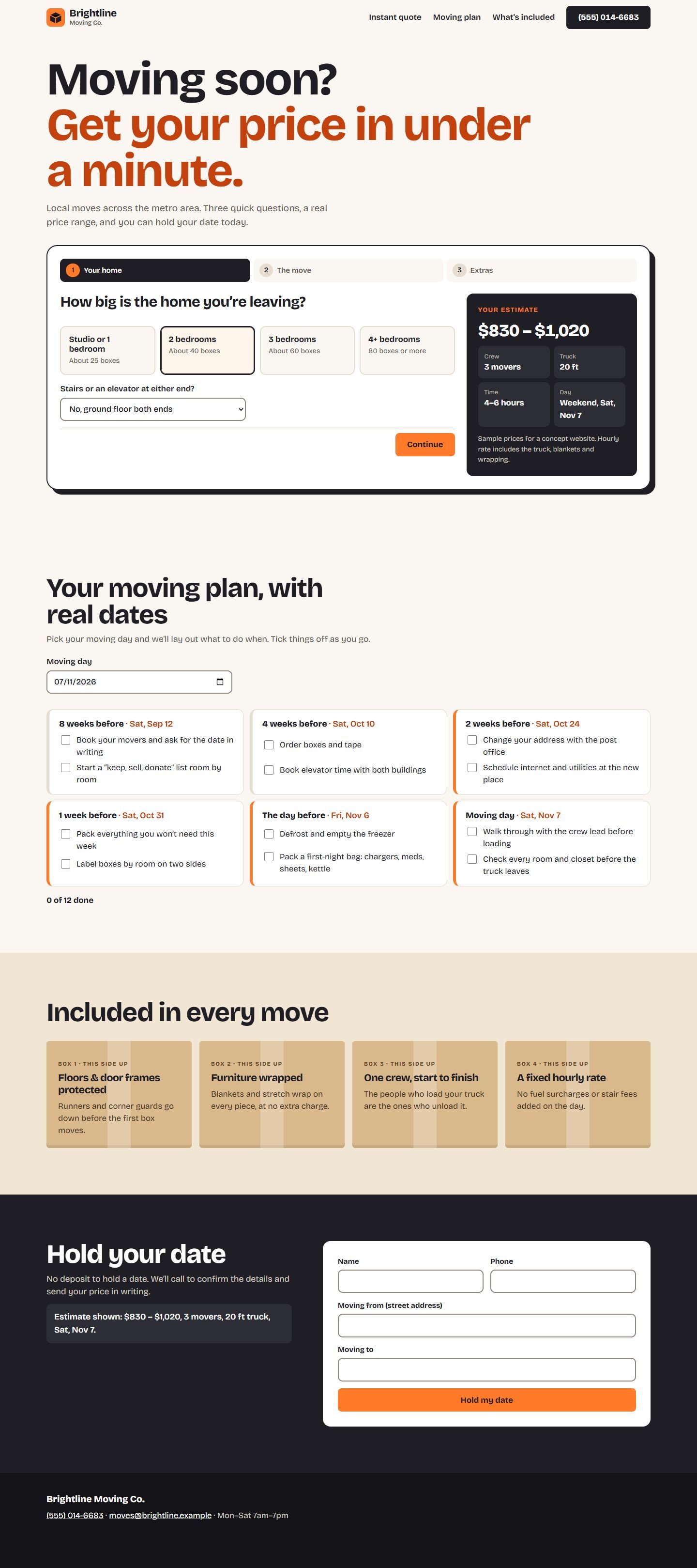 The full Brightline homepage on desktop, with the quote wizard, dated moving plan, included-services boxes and hold-your-date form.