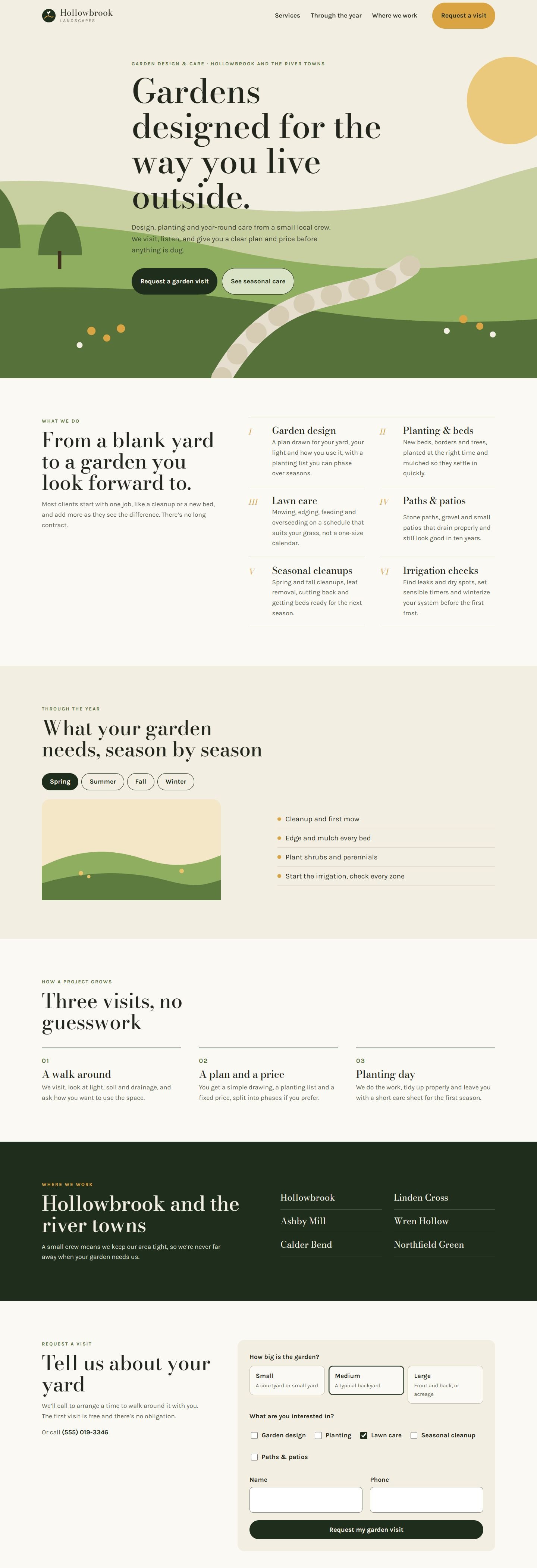 The full Hollowbrook homepage on desktop, with services, the season switcher, project steps, service area and visit form.