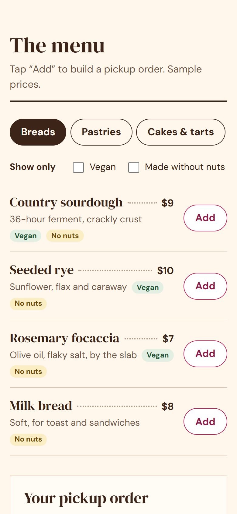 The menu on a phone, with section tabs, dietary filters and Add buttons.