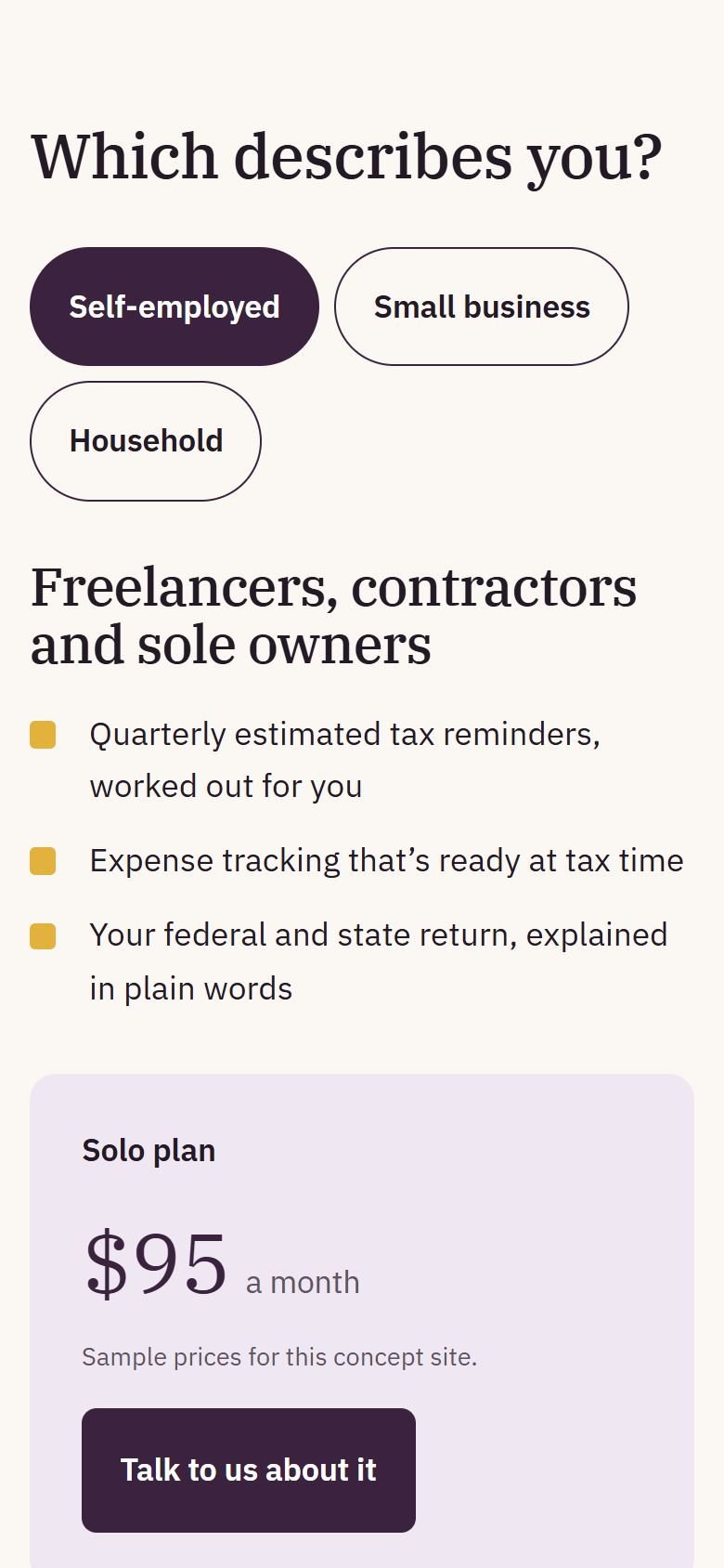 The "Which describes you?" switcher on a phone, showing the self-employed services and Solo plan.