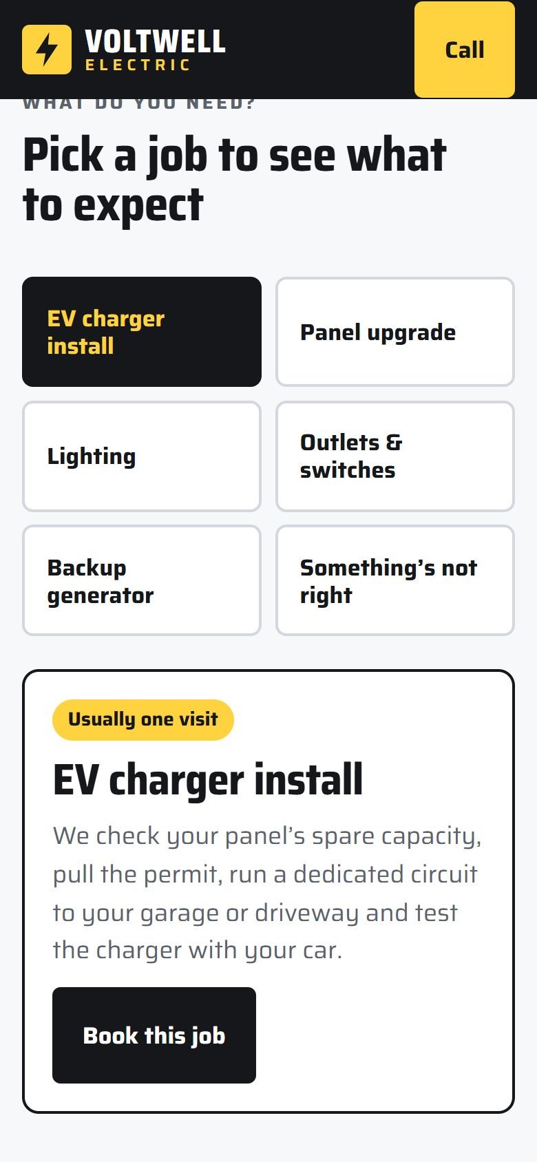 The job selector on a phone, with EV charger install selected.