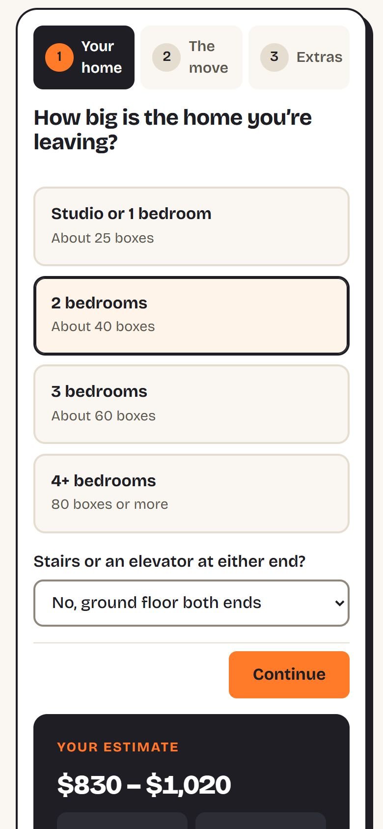 The quote tool on a phone, with home-size options and the Continue button.