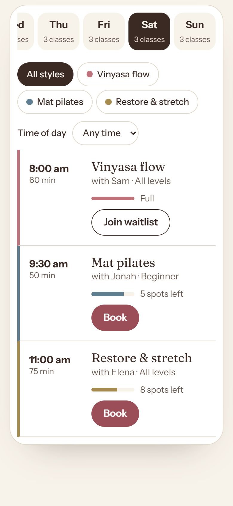 The class schedule on a phone, with day tabs, style filters and classes showing spots left.