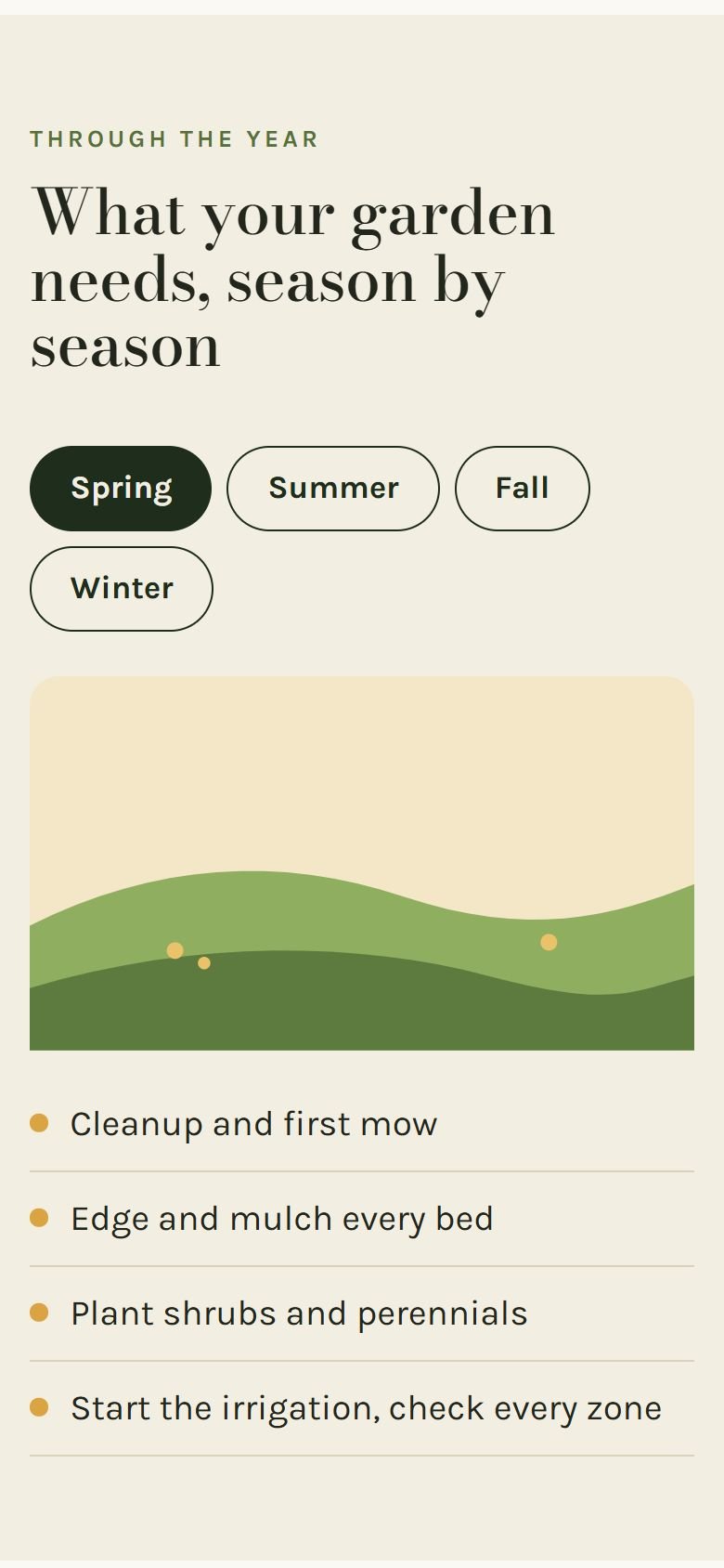 The season switcher on a phone, showing spring tasks.
