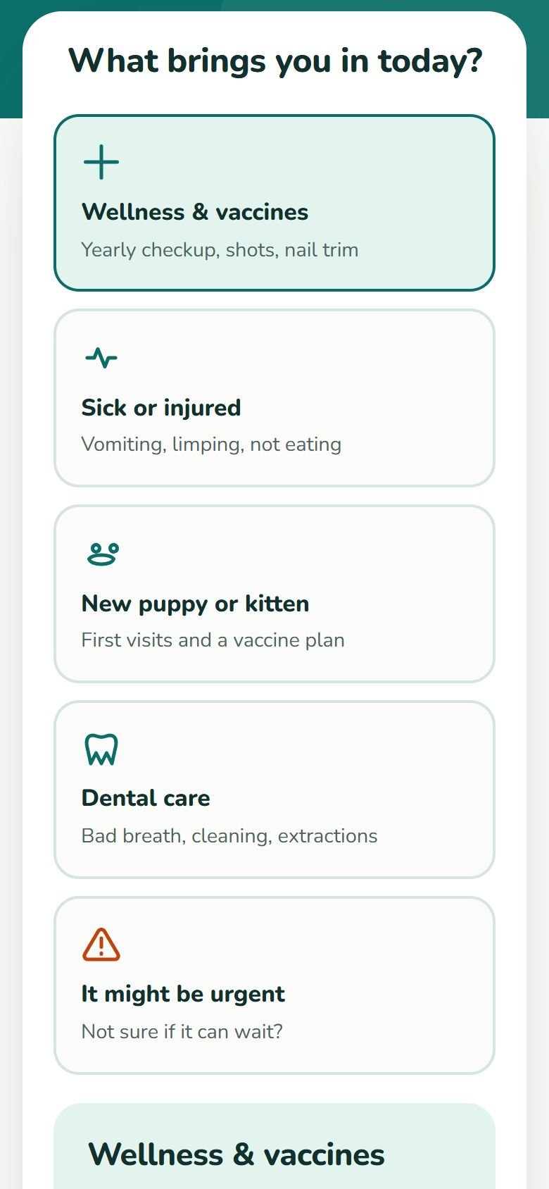 The "What brings you in today?" choices on a phone.
