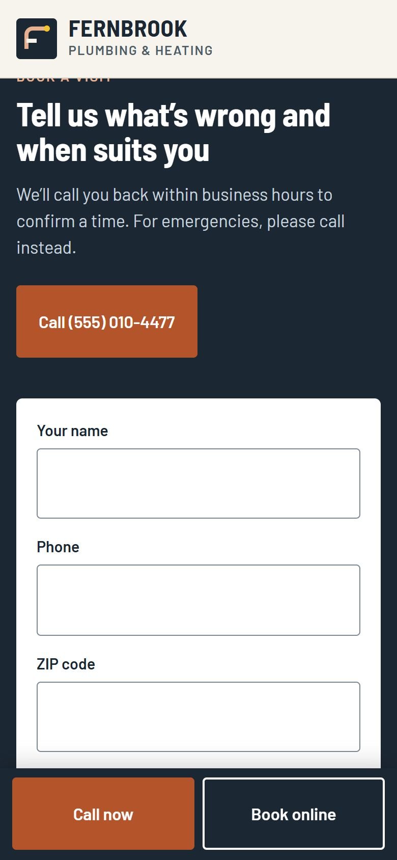 The visit request form on a phone, with fields for name, phone and ZIP code.
