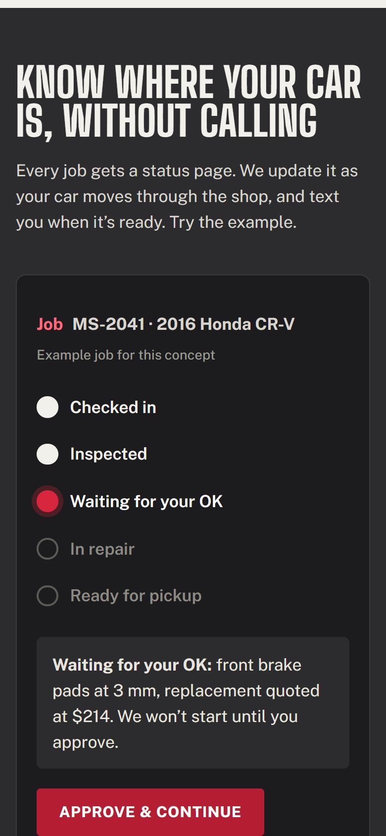 The repair status example on a phone, waiting for the customer's approval.
