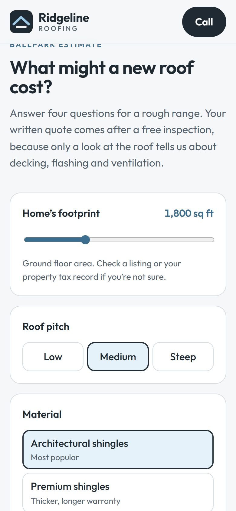 The roof estimator on a phone, with the footprint slider and roof pitch options.