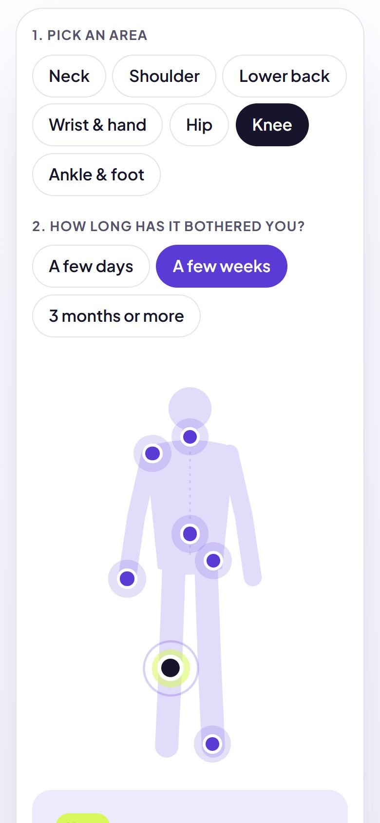 The body map on a phone, with the knee selected.