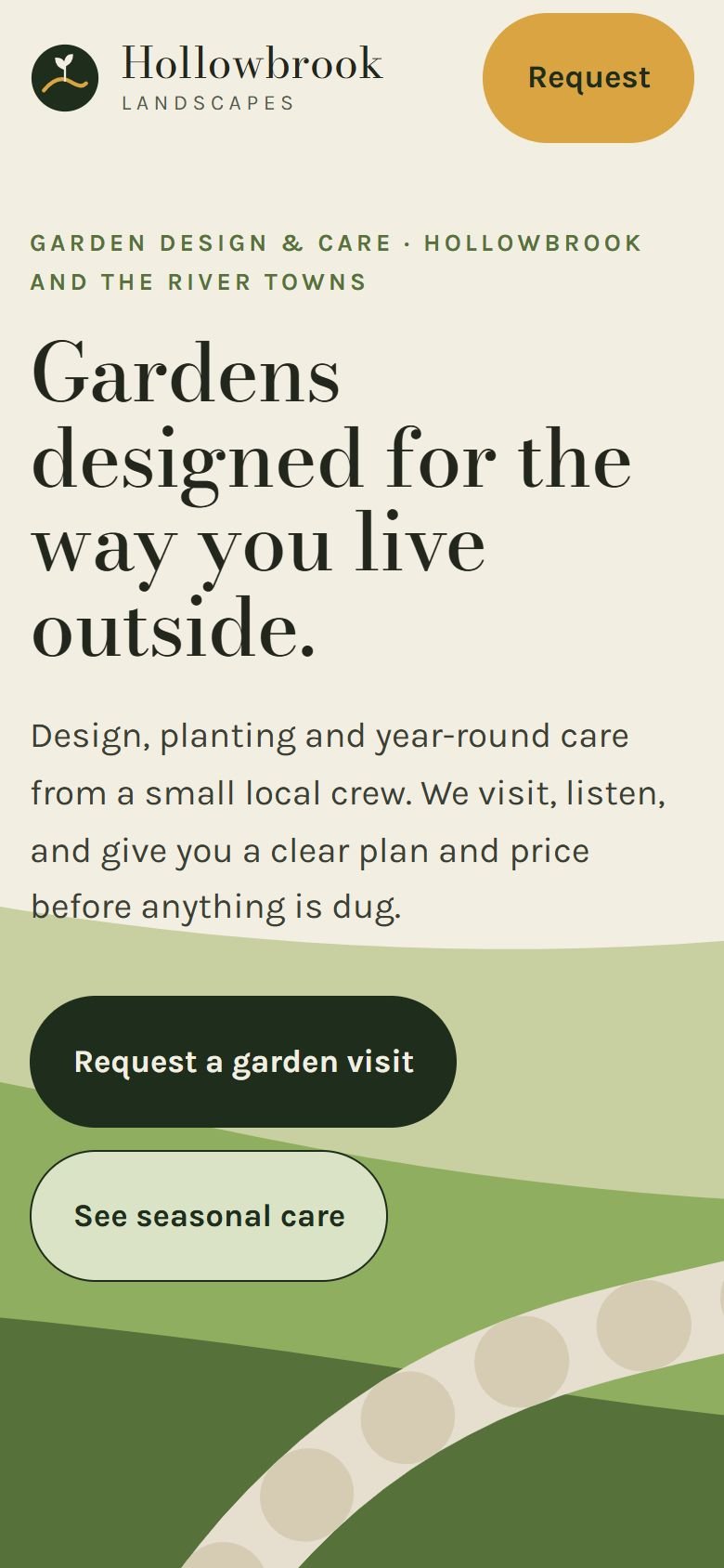 The Hollowbrook concept on a phone, with the headline over the landscape illustration.