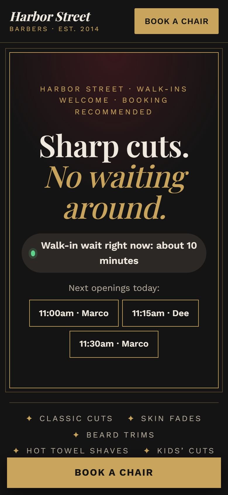 The Harbor Street concept on a phone, with the poster headline, wait time and next openings.