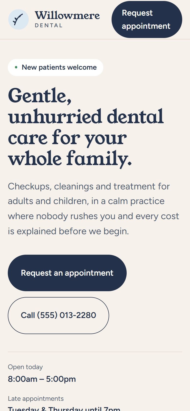 The Willowmere Dental concept on a phone, showing the headline and appointment buttons.