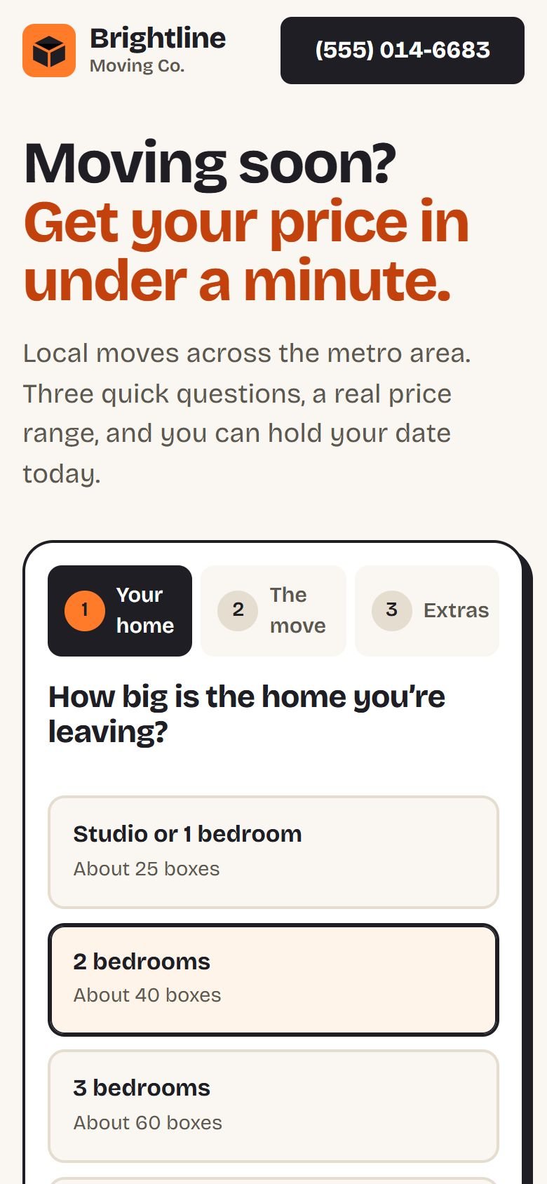 The Brightline concept on a phone, with the headline and the first step of the quote tool.