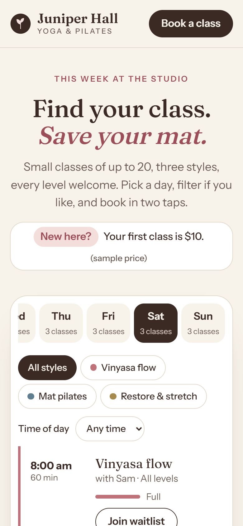 The Juniper Hall concept on a phone, with the headline, first-class offer and the start of the schedule.