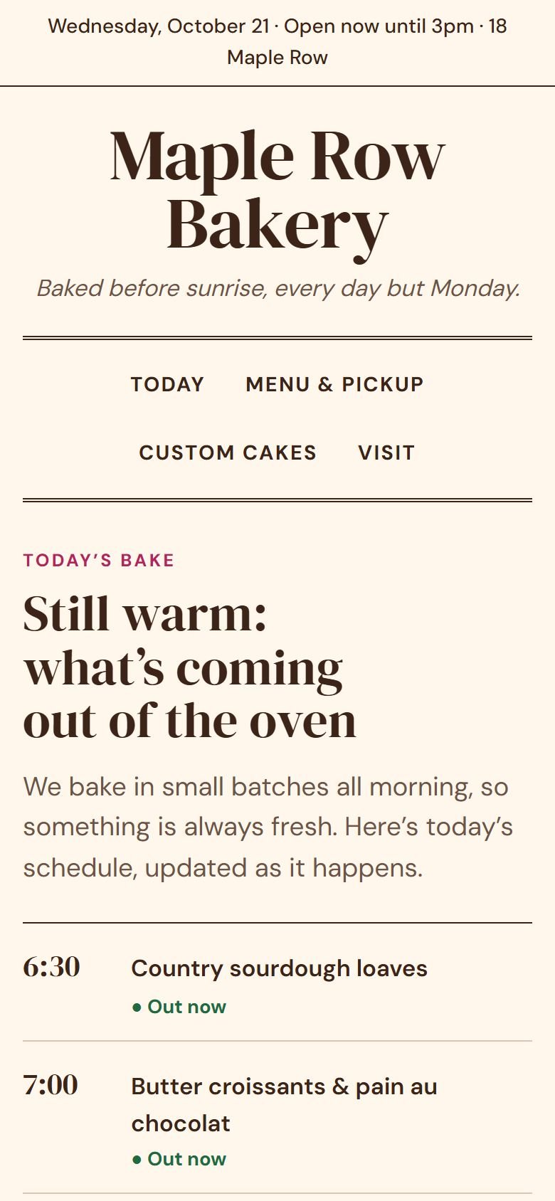 The Maple Row concept on a phone, with the masthead, section links and today's oven schedule.